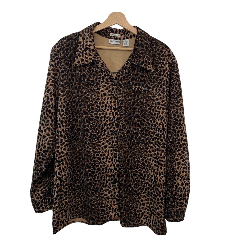 Apparenza Leopard Print Button Down Shirt Women 20W Brown Animal Stretch Blouse